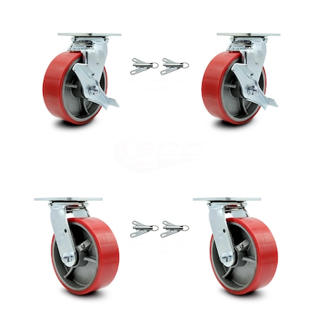 6 Inch Red Poly On Steel Caster Set With Roller Bearings 4 Swivel Lock 2 Brake